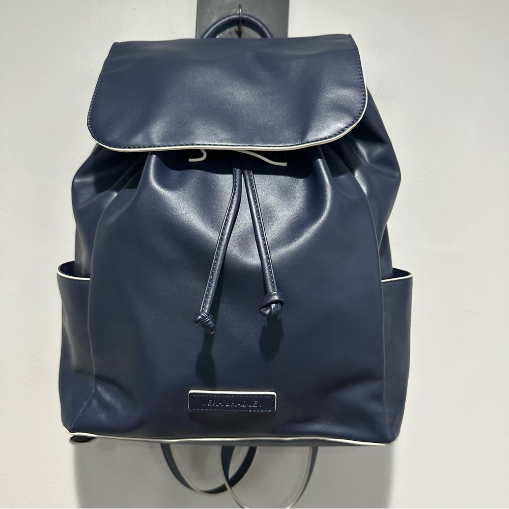 Vera Bradley Faux Leather Drawstring BackPack Navy Cream Trim
